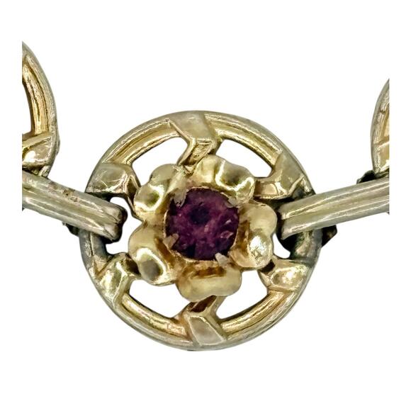 Vintage 1930s Floral Link Bracelet * Gold w Purple Stones • Art Deco Jewelry - Picture 4 of 7